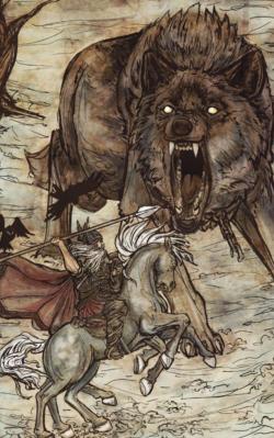 shawnfreki:  Odin and Fenrir by Arthur Rackham.
