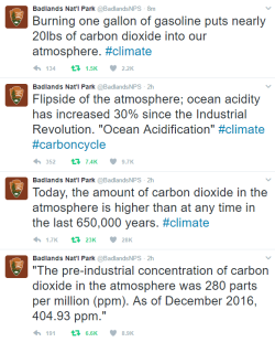 antikythera-astronomy:  the-humanfactor:The official Badlands National Park twitter (@BadlandsNPS) is defying Trump’s gag-order by posting climate change statistics. Heroes.Also, by the way the burning of a gallon of gasoline does result in the production