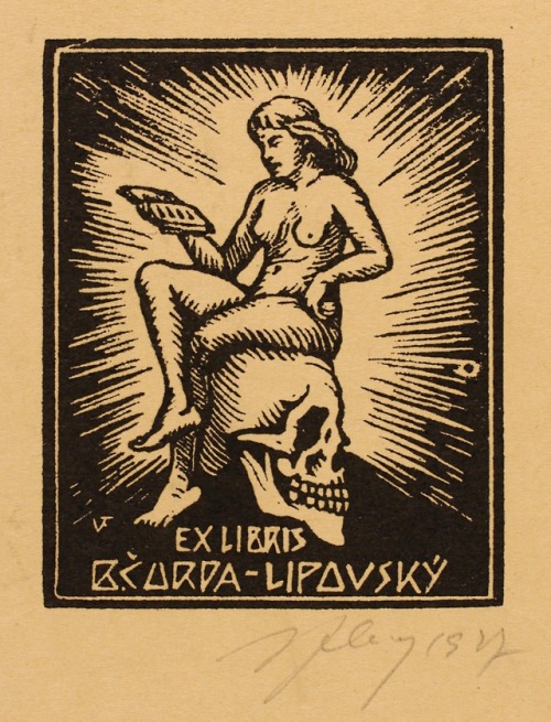 B. Corda-Lipovsky (?) bookplate. Artist: Victor Fleissig. Kvinden og bogen. A woman reads her b