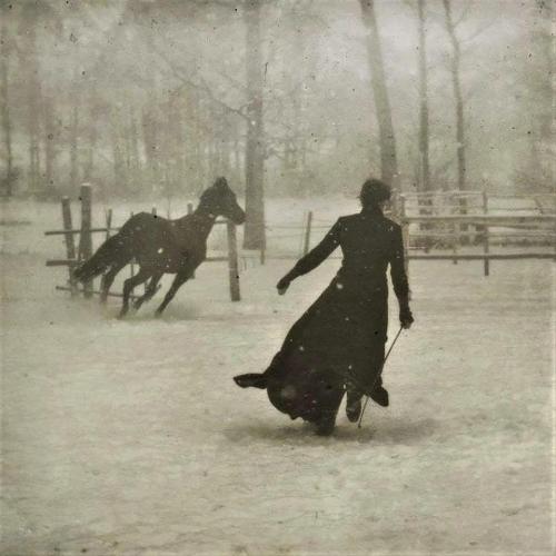 Lady and her horse on a snowy day in 1899. Photograph by Félix Thiollier by goranistan