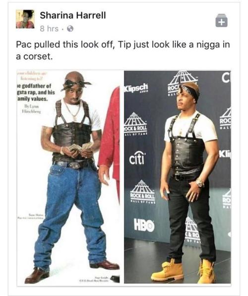 imabrickshithouse:  fatandbougie:  it’s them tight ass jeans  I said the same thing. He still would have looked a fool but at least he’d be a fool in good cosplay  Agreed. Not to take nothing away from Tip, but Pac also had a flatter midsection. That