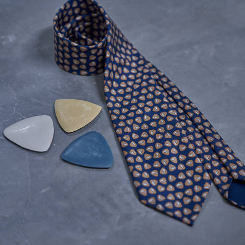 Fresh off the workbench: our Blue Biscuits Madder handprinted necktie in a lightly lined, six-fold c