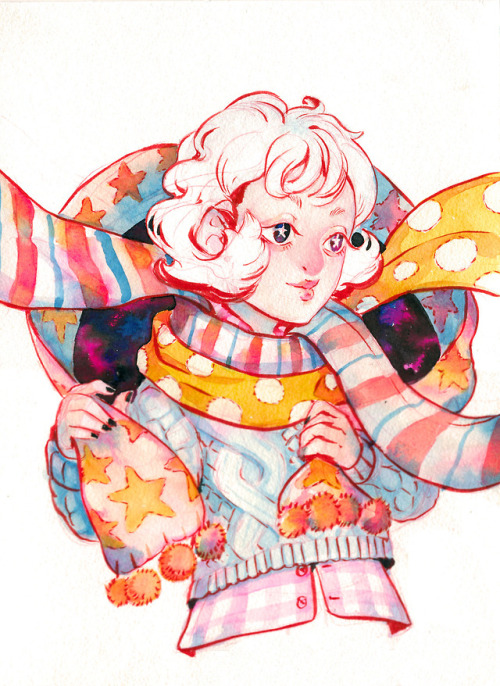 Inktober 17 - Cozy - Candy Scarves - Watercolor, red ink, paintshopI cheated and used a lot of water