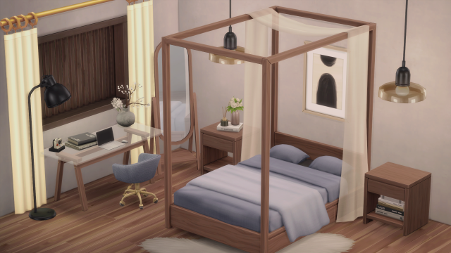 In-game screenshot of a contemporary bedroom. Captured in The Sims 4. Items created by myshunosun.