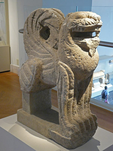 dwellerinthelibrary:Nenfro statue of a winged lion tomb guardian figure Etruscan 550 BCE by mharrsch