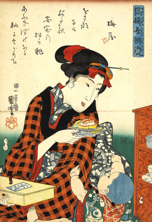 Woman eating sushi, baby wants some too, dated 1844.from the Tokyo Metropolitan Library