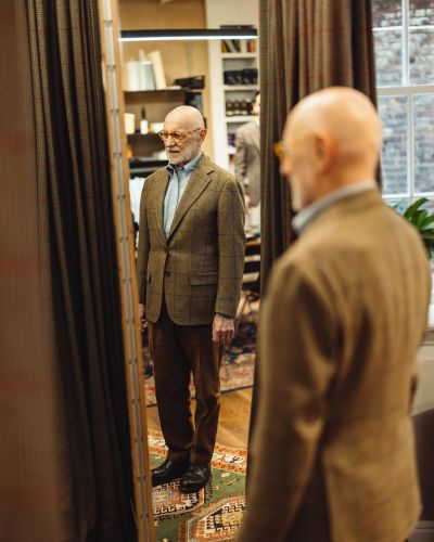 Our friend G. Bruce Boyer stopped by our Upper East Side shop for a final fitting of his new made-to-measure Model 3 sport coat, made from a hearty Lovat tweed.
Our made-to-measure program with Ring Jacket is available year round at both our Tribeca...