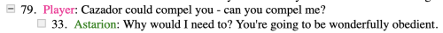 Screenshot showing parsed dialogue of the above quotes.