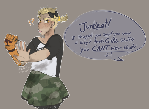 cocoraccoon:  Junkrat that doesn’t understand gender roles is my favouriteRoadhog that wont let gender roles affect them is ALSO my favourite 