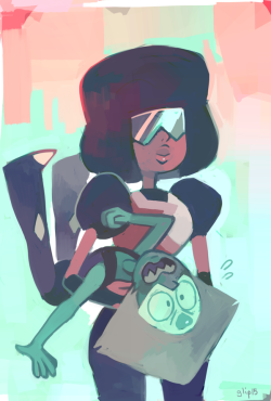 glitchedpuppet:  peridot and garnet doodle   peridot doesnt want to fuse but at the same time wants to lol XD