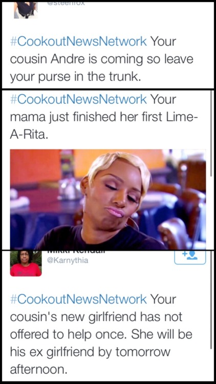 kingpushatits:  mabintzzzz:  i-will-call-you-thiquesawsebawse:  s1uts:  jazminsthoughts:  😩 #cookoutnewsnetwork was way too funny. These are my faves.  THE COUSINS FROM NY IM SOOOOO WEAK  I’m dead at “voluntold” because its too truuuuuuu!!!!