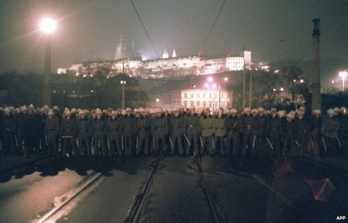 mostly-history:Riot police bar the bridge leading to Prague Castle, the seat of the Czechoslovak pre