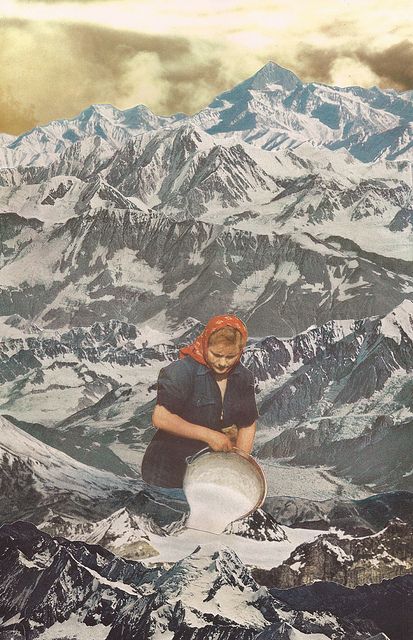 crossconnectmag:  Sarah Eisenlohr is a collage artist living in Montana, USA. I used collage as a medium to transform existing images of cold, desolate landscapes into ones that show humans placed amidst them, in the strange and seemingly supernatural.