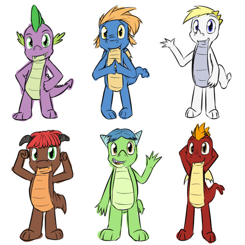 Spike and his dragon friends.  Here’s what the main six in Spike’s Quest would look like had they originally stayed sort of youngish like the show, and not aged up like I made them in the story.