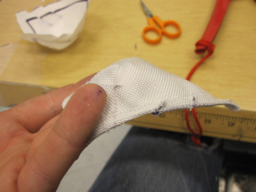 This is how the ear poses are made. It has taken a lot of attempts to get the seams correct, but each one is important. In the puppeted version, this will be made from two materials; the twill nylon for the upper part, and a fabric akin to spandex.to