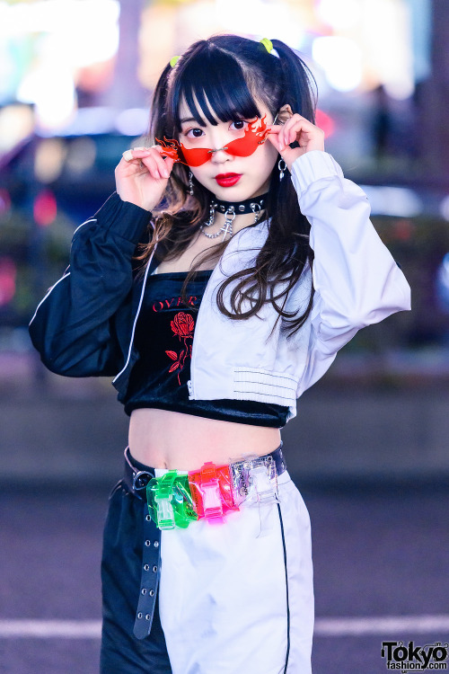tokyo-fashion:20-year-old Japanese idol Misuru on the street in Harajuku wearing a two-tone setup wi