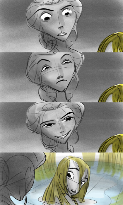 arielthethirdannathesecond:  goodgirlforthegrasshopper:   Storyboards from the old and darker version of Tangled.  These panels are from a sequence in which Mother Gothel begins to suspect that Rapunzel has had contact with the outside world. Rapunzel