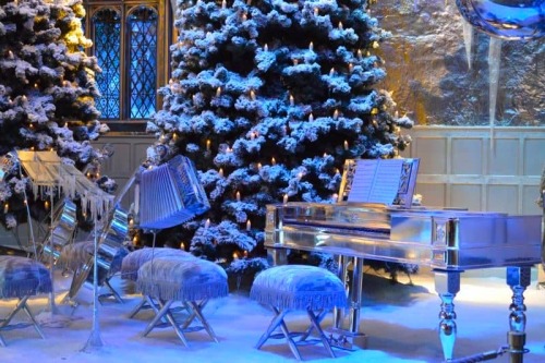 An icy silver piano and other instruments await musicians for a frosty Yule Ball in the Great Hall o