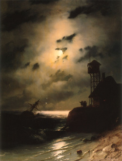 oldpaintings:  Moonlit Seascape with Shipwreck,