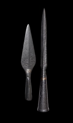 archaicwonder:  Viking Inlaid Spearheads, 9th-12th Century ADA mixed pair of iron spearheads comprising: a short leaf-shaped blade, lentoid in section with short neck and closed socket, three inlaid silver(?) bars to the neck on one face; a long, narrow
