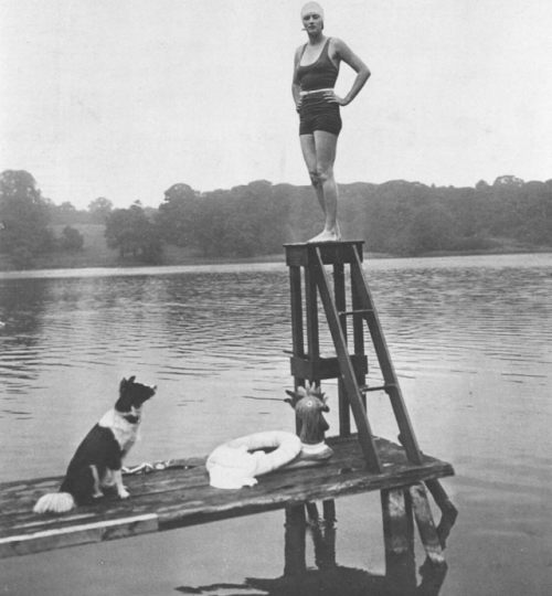 yesterdaysprint:Clare Crossley and friend (and rooster?), Combermere Abbey, 1932