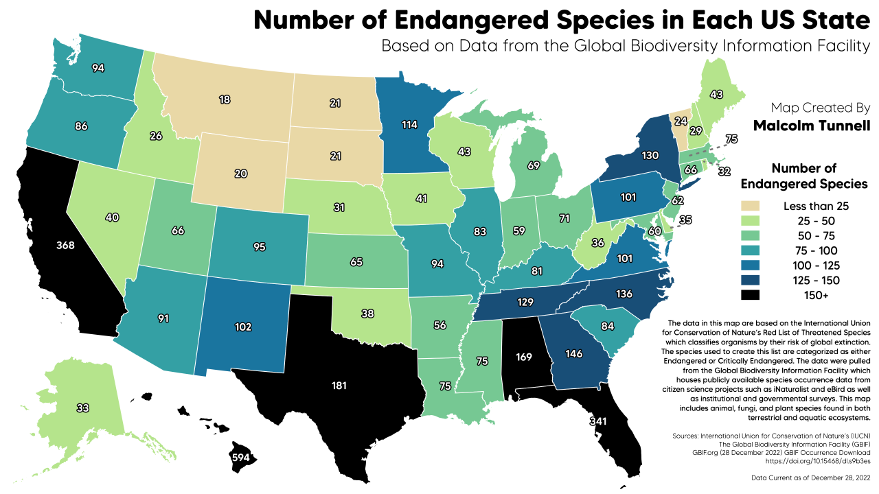 The Number of Endangered Species in Each US State... - Maps on the Web
