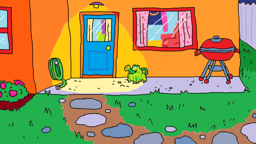 hee-blee-art:misc ms paint backgrounds for a handful of projects[image ID: a collection of cartoonish stylized digital scenes that are all empty and are eerie to varying degrees, featuring a hallway in a house; a cluttered bedroom; a public transit bus;