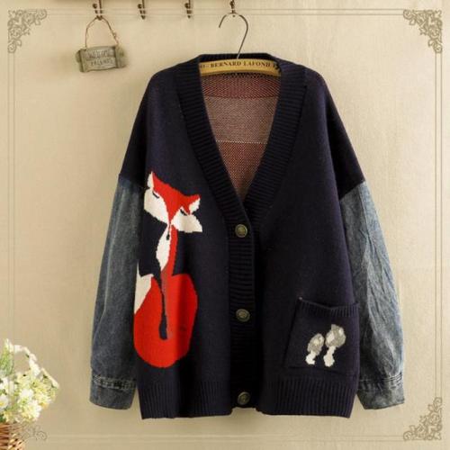 Denim Sleeves Fox Cardigan Sweater starts at $48.90 ✨✨ I like this one. What about you? 