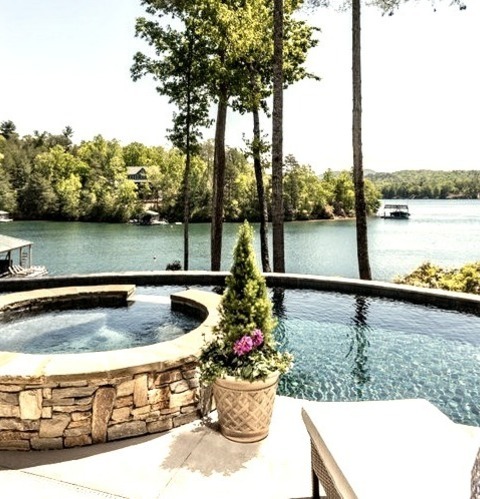 Natural - Craftsman PoolHot Tub - Large Craftsman Backyard Stamped Concrete And Custom-shaped Natural