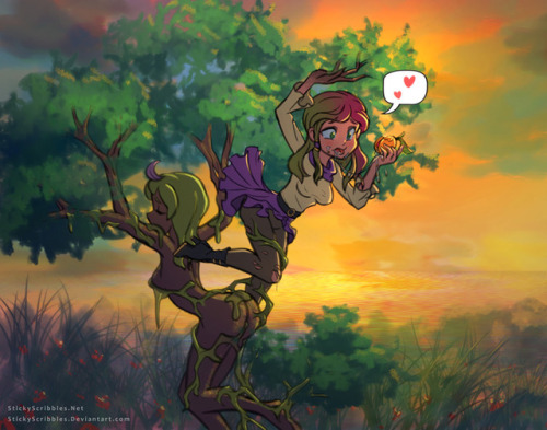 Dryad Transformation 2 A damsel discovers the mythical dryads by the Gorgon’s  Manor.  They give into temptation, by picking and eating the forbidden  fruit of the Dryad. Slowly the guest transforms as they eat  the delicious treat. It fills them