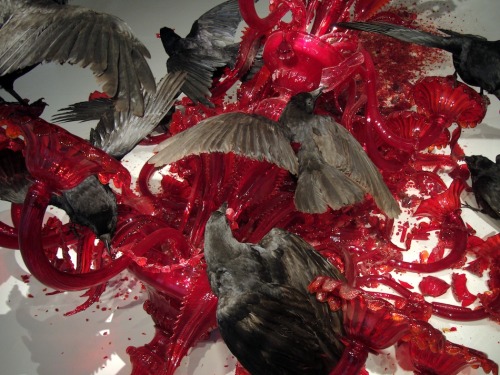 moshita: Pieces of red glass lying scattered on the floor, an imposive chandelier lying ontop of th