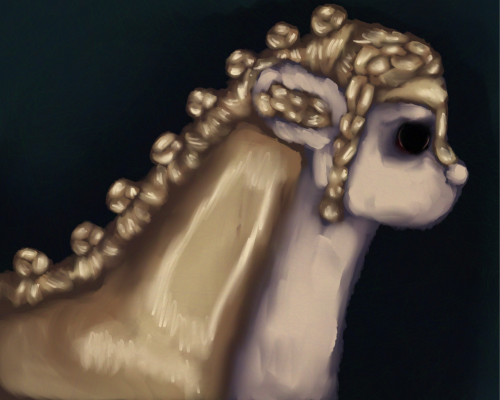 gaeilge: fánas le trilseán i a ghruig scúb agus ag dull síos a droim
english: a rapunzel satin faun with braids in its brush hair and going down its back