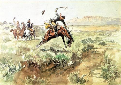 artist-charles-russell:Bronco Busting, 1895, Charles M. Russell