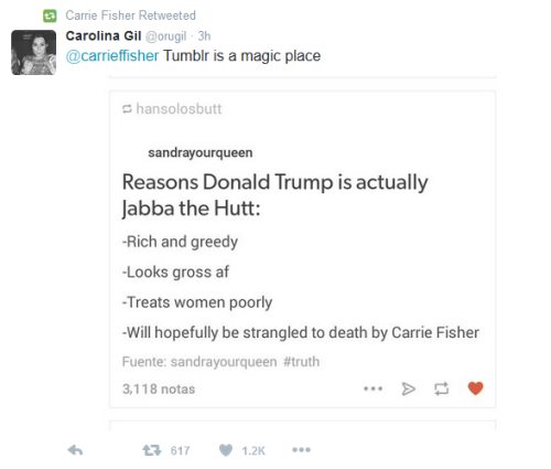 elspethsunschampion: sapphicpeggycarter: oh my god carrie fisher retweeted that one post Help us, Ge