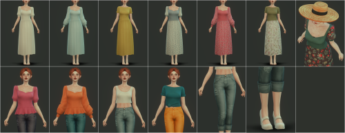 Set - TessaNew mesh (EA-mesh edit)Hat + 3 Dresses + 4 Tops + Pants + ShoesDresses: 35 swatches + 15 