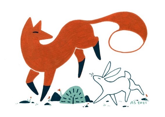 A fox and a rabbit playfully chase each other
