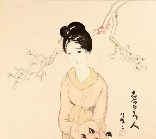 Takehisa Yumeji (1884-1934) 竹久夢二 Beauty and Cherry Blossom, ca.1950′s