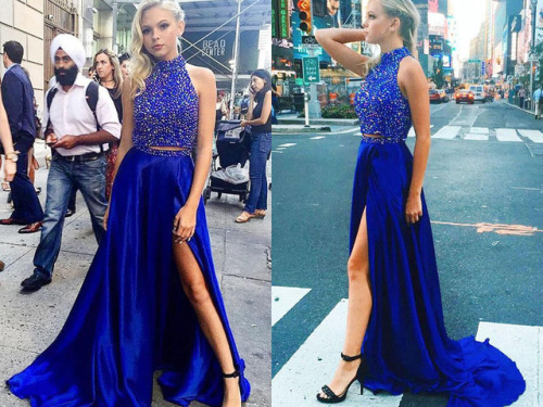 bohogown: #Sparkly Long 2 Pieces #PromDresses,#RoyalBlue Beading Beautiful High Neck Prom Dresses,Ch