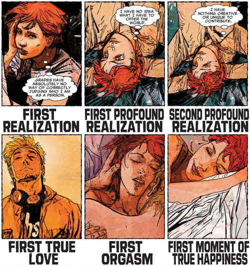 brianmichaelbendis:  Scarlet’s “Firsts” by Alex Maleev (Scarlet #1, 2010) http://www.comixology.com/Scarlet/comics-series/4532 