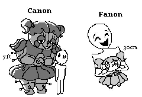 Canon vs fanon meme. Canon: version of circus baby where she's 7ft tall and looms over others Fanon: version of circus baby where she's small and able to be held