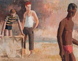 blastedheath: Jeffrey Smart (Australian, 1921-2013), Three Youths, 1950s. Oil on paper on board, 24 x 30 cm. 