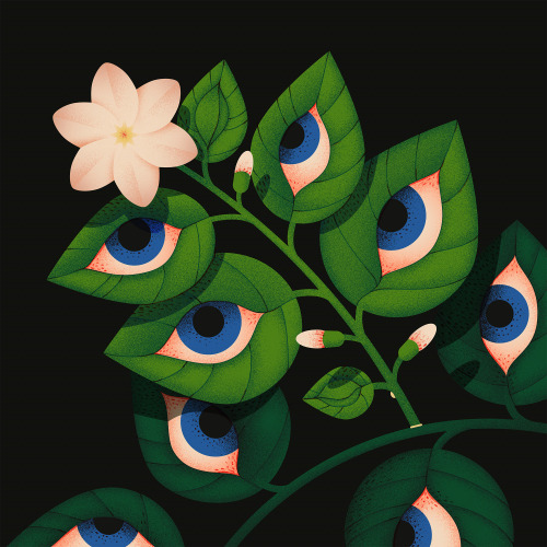 itscolossal:Rosy Eyes Peer Out From Leaves and Insects in Bizarre Illustrations by Ana Miminoshvili