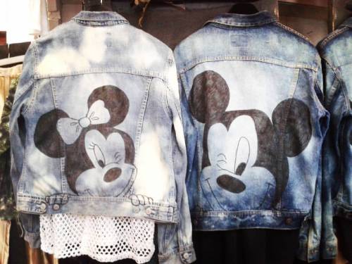Special order for customer and his girlfriend. Mickey and Minnie acid washed denim jacket. #bowsdont