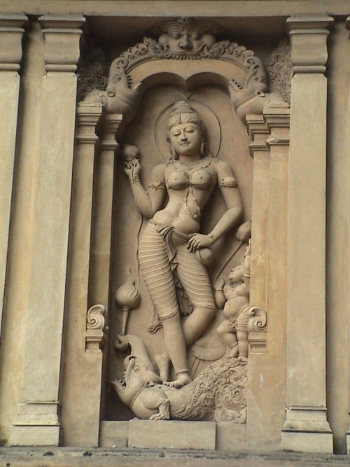 The Goddess Ganga relief depicting the goddess atop her makara mount at Kelaniya Temple Sri Lanka