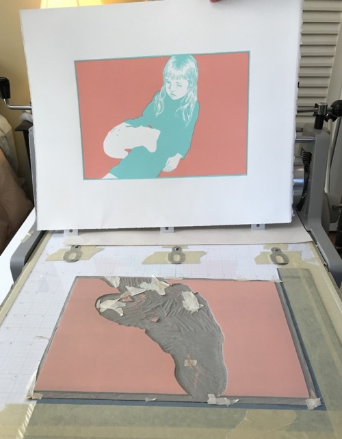 Process pics: layering all 5 blocks to create my linocut, “A Day I Don’t Remember”