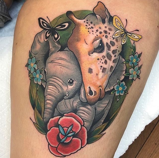 Elephant and giraffe by Edward Lott TattooNOW