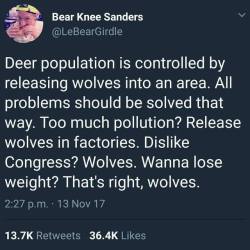 thedarkbunny: voidbat:  nehirose:   callmebliss:   pursuit43: I have in the past and continue to approve of this method Hey guys I have an idea about how to control what’s going on in the White House   is it wolves?    it is wolves.   (source) 