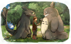 kadeart:  Hiccup and Toothless ,new friendship with Totoro ♥(Ɔ˘⌣˘)(˘⌣˘)˘⌣˘ C)♥ 