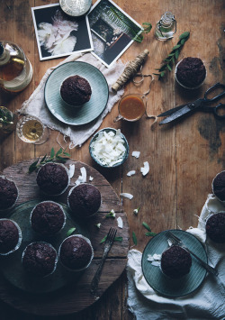 sweetoothgirl:  DOUBLE CHOCOLATE BANANA MUFFINS WITH MASCARPONE FROSTING AND BOURBON CARAMEL SAUCE   