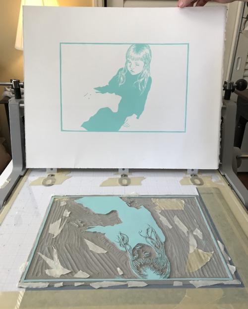 Process pics: layering all 5 blocks to create my linocut, “A Day I Don’t Remember”